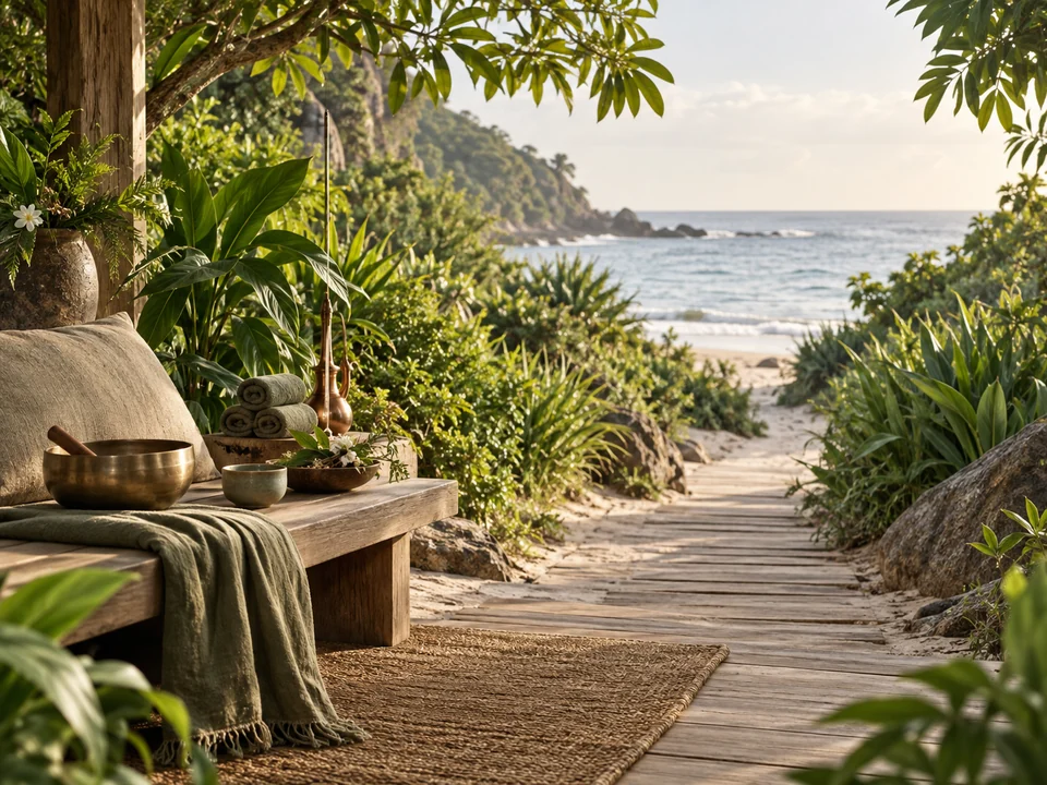 A singing bowl, rolled towels and folded linen on a timber bench by a coastal path