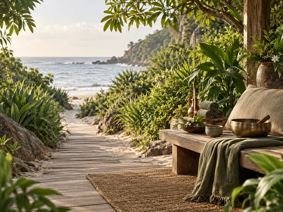 A timber bench with a singing bowl, rolled towels and herbal vessels among lush plants, beside a boardwalk leading to the sea