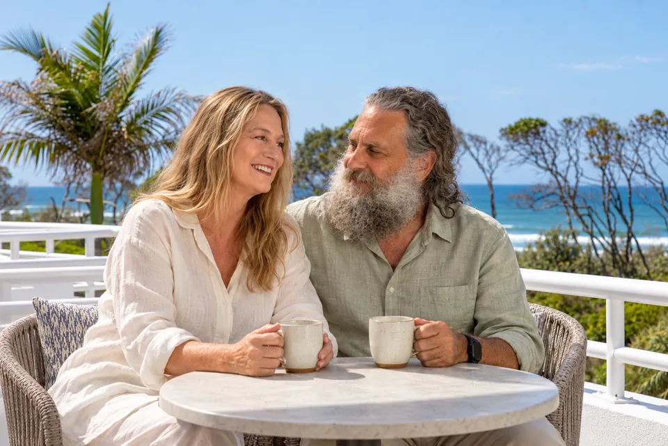 Deb and Ian sharing tea on a balcony overlooking the coast