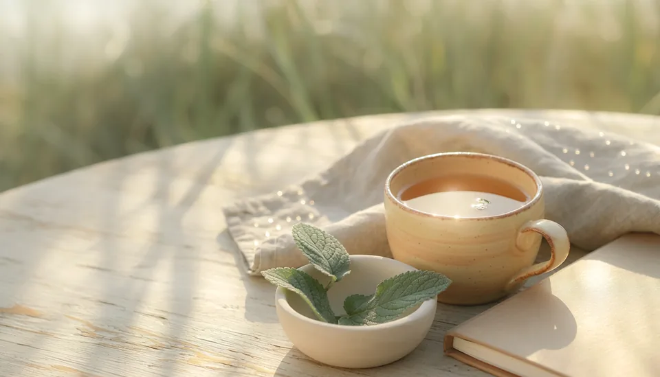 A cup of tea beside an open journal